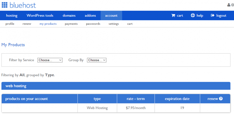 Bluehost My Products